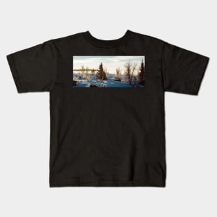 White Scandinavian Winter Landscape With Mysterious Fog on Sunny Kids T-Shirt